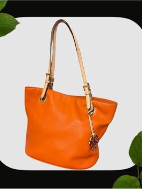 Michael Kors Orange Leather Tote with Tan Straps and Gold Hardware